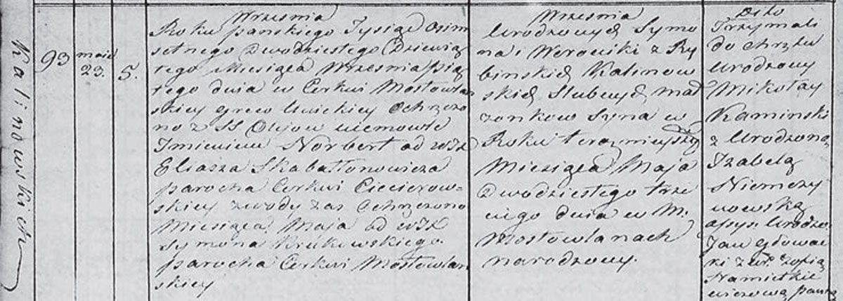 Метрыка нараджэння Нарберта Каліноўскага. Факсіміле