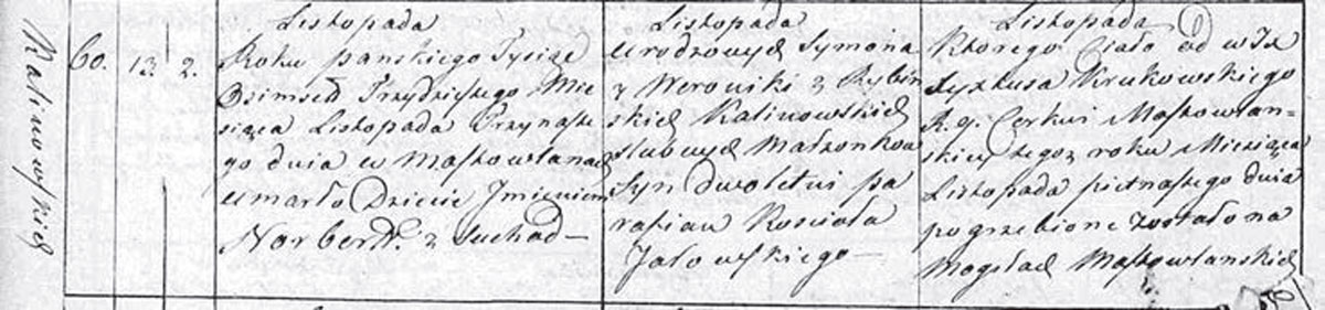 Метрыка смерці Нарберта Каліноўскага. Факсіміле