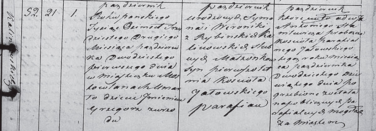 Метрыка смерці Юрыя Каліноўскага. Факсіміле