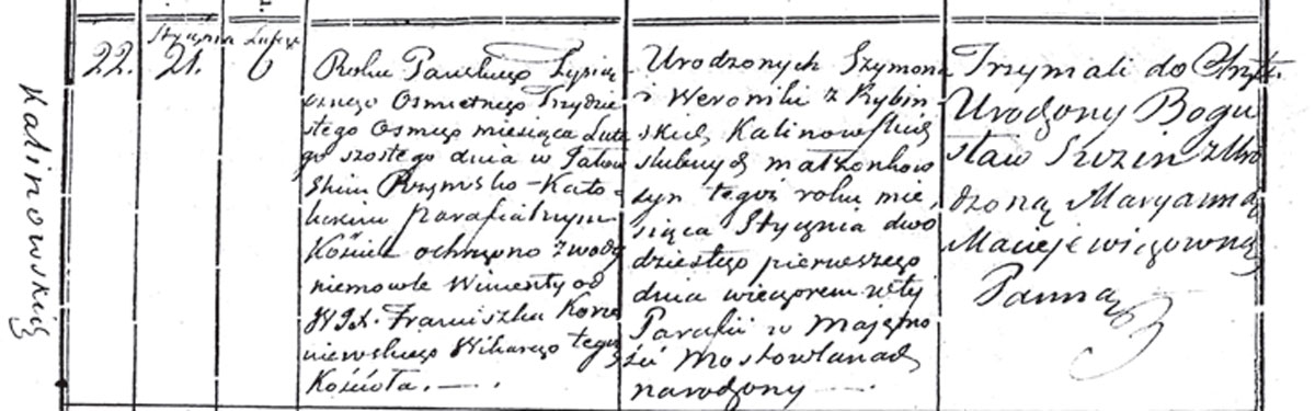 Метрыка нараджэння Вінцэнта Каліноўскага. Факсіміле
