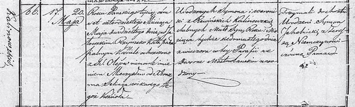 Метрыка нараджэння Мечыслава Каліноўскага. Факсіміле