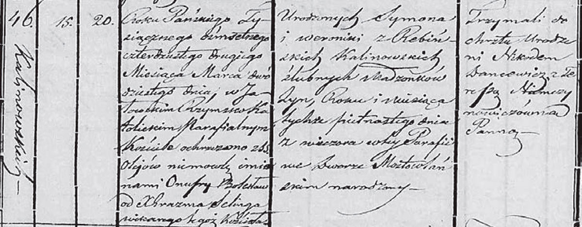 Метрыка нараджэння Ануфрыя Баляслава Каліноўскага. Факсіміле